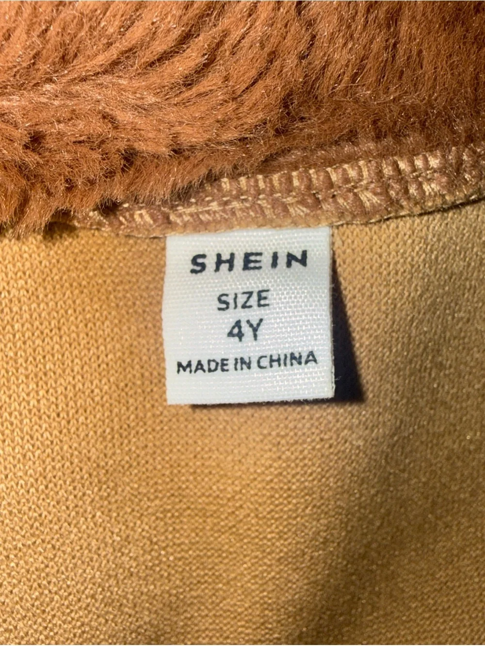 SHEIN Girls' Camel Pea Coat with Brown Faux Fur Collar